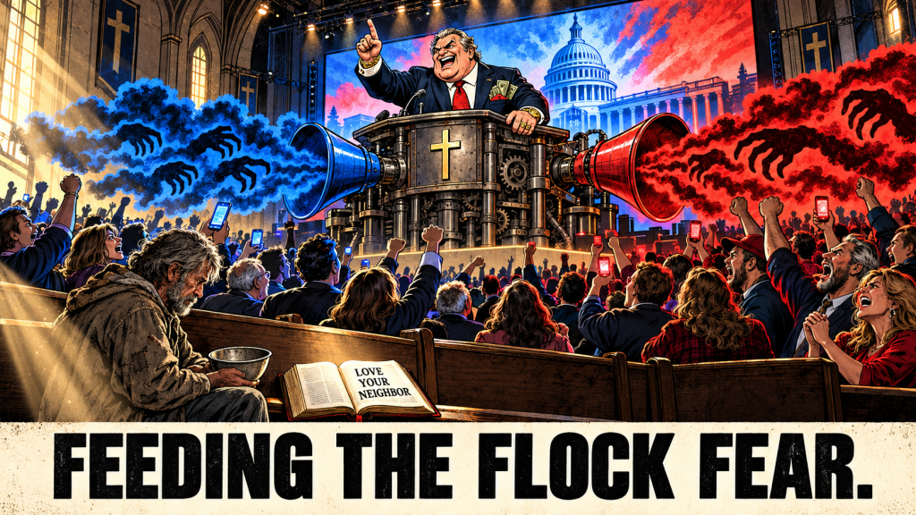 A preacher stands at a podium in a church, addressing a large crowd that appears enthusiastic and engaged. Some audience members hold smartphones, while dramatic smoke in red and blue colors emits from large speakers. In the foreground, a homeless man sits with an empty bowl and an open Bible that reads 'Love Your Neighbor.' The scene conveys themes of manipulation and fear.