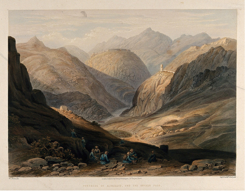 A scenic illustration of the Khyber Pass showing rugged mountains, a distant fortress, and several figures sitting on the ground in traditional attire.