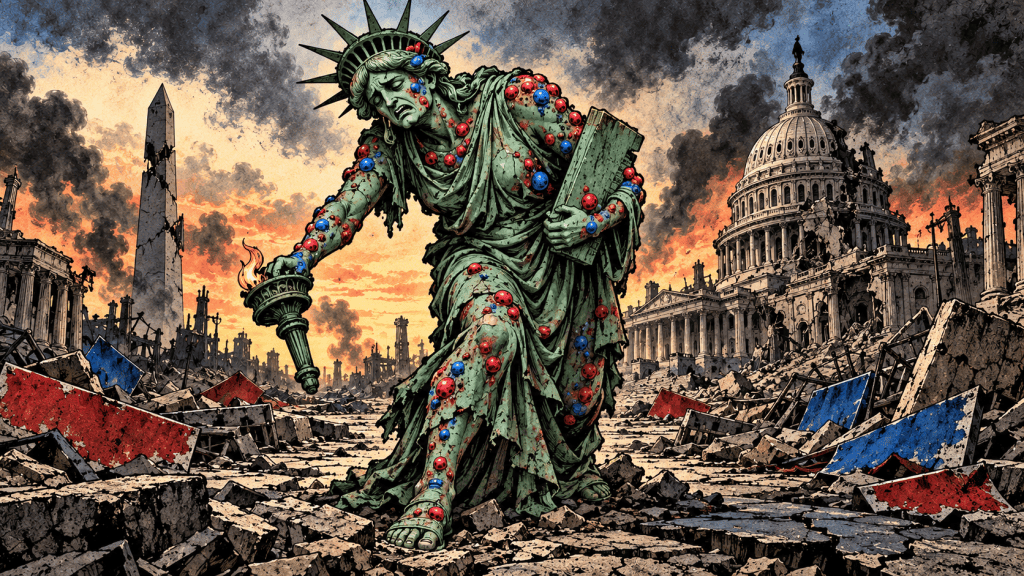A dramatic illustration of the Statue of Liberty with visible damage, holding a torch, amidst a desolate landscape of ruins and debris, featuring the Capitol building and Washington Monument in the background under a smoky sky.