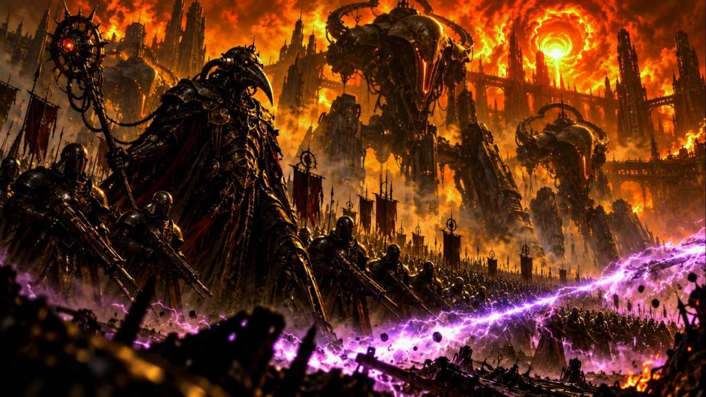 A dark and intense landscape featuring armored soldiers in the foreground, standing in formation. A central figure in a cloak, wielding a staff, looms over them. In the background, towering mechanical giants and a fiery sky create a dramatic and dystopian atmosphere.
