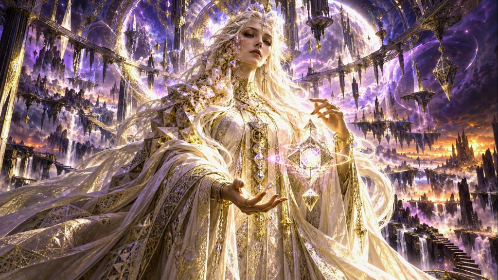 A mystical figure in elegant, flowing robes, surrounded by a fantastical landscape with floating structures and a vibrant cosmic background.