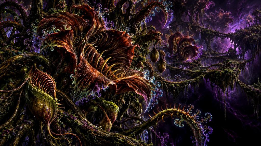 A surreal, vibrant landscape filled with alien-like plants and twisted vines, featuring deep reds and purples against a dark background.