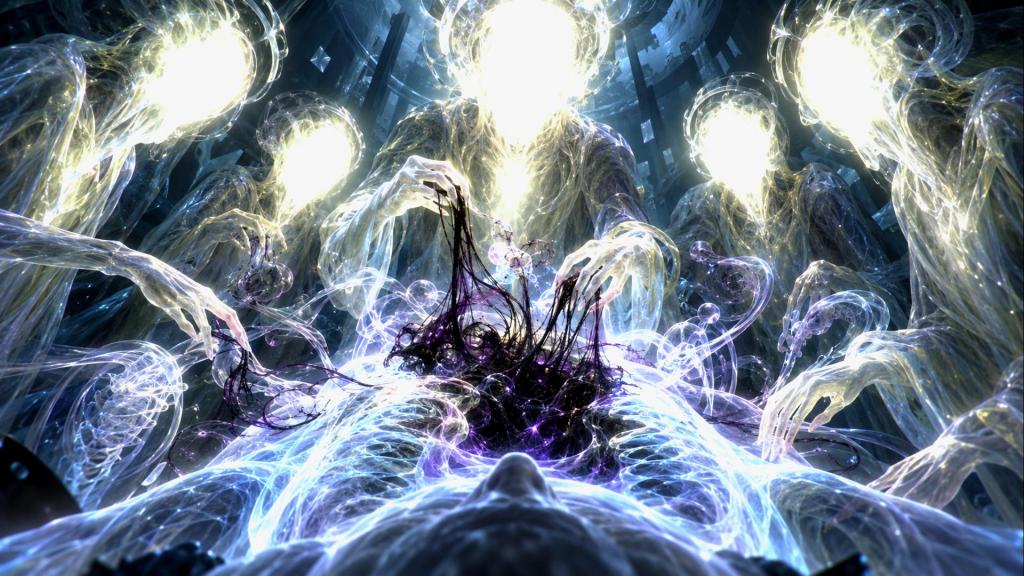 A surreal illustration depicting translucent, ghostly figures surrounding a central dark entity, with ethereal tendrils extending from the figures towards the entity, set in a dimly lit, futuristic environment.