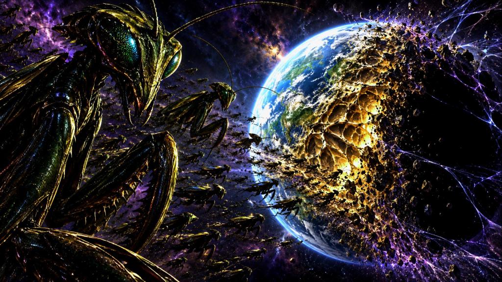 A surreal digital art scene featuring large alien mantis-like creatures looming over a fragmented Earth surrounded by a cosmic backdrop.