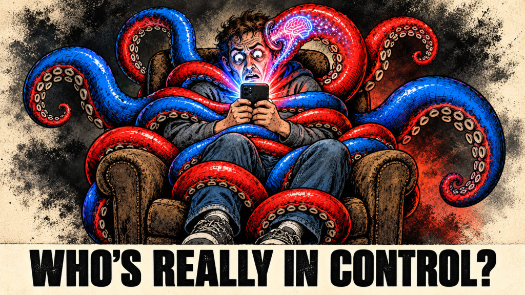 A person sitting on a couch, looking shocked while holding a smartphone, surrounded by colorful octopus tentacles, with a brain illustration emanating from the phone, conveying a theme of control and technology.